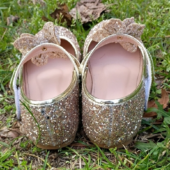 Sparkling Gold Kids Dress Shoes with Butterfly Detail - Picture 5 of 6